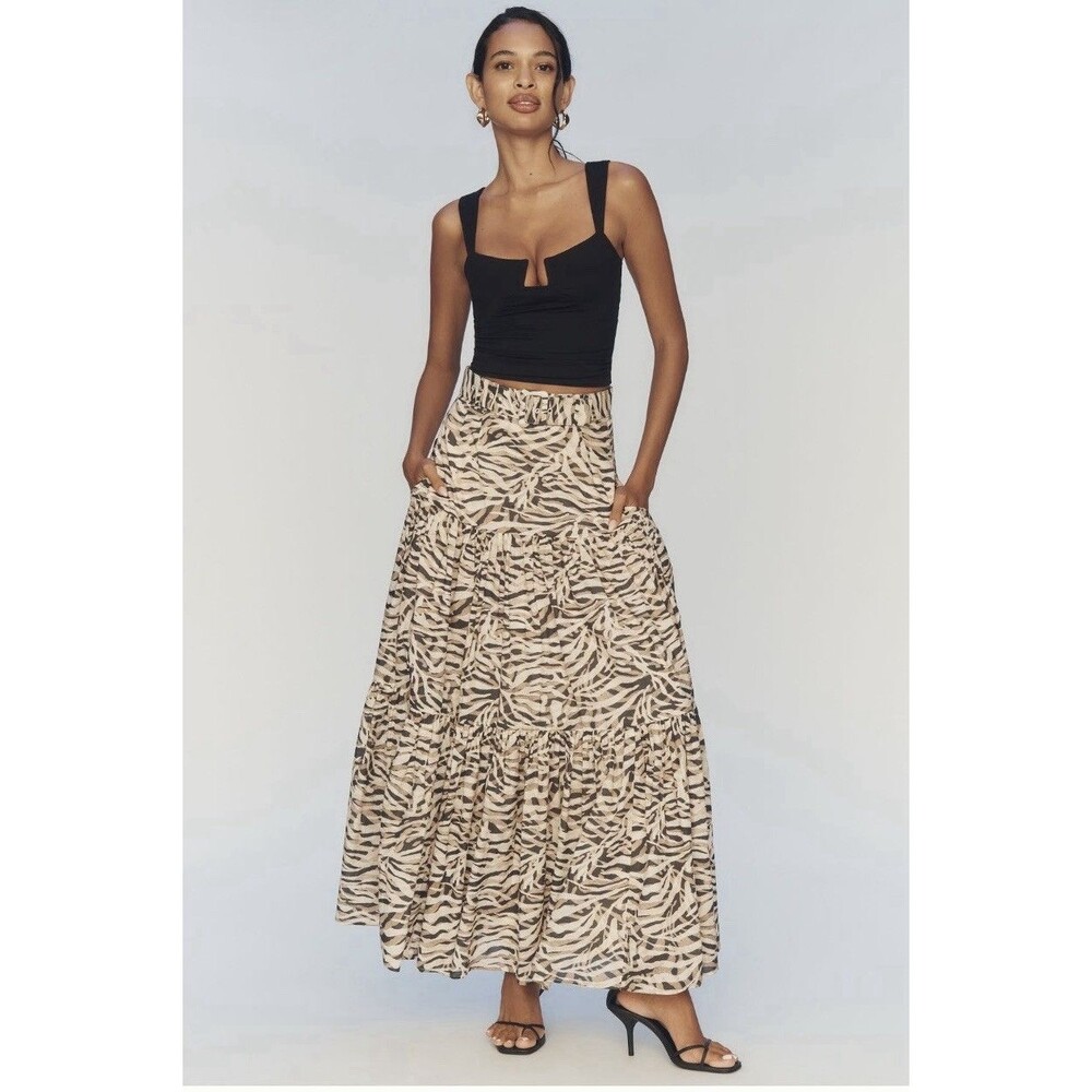 Anthropologie Hutch Belted Tiered Maxi Skirt Sz XXS Latte Zebra